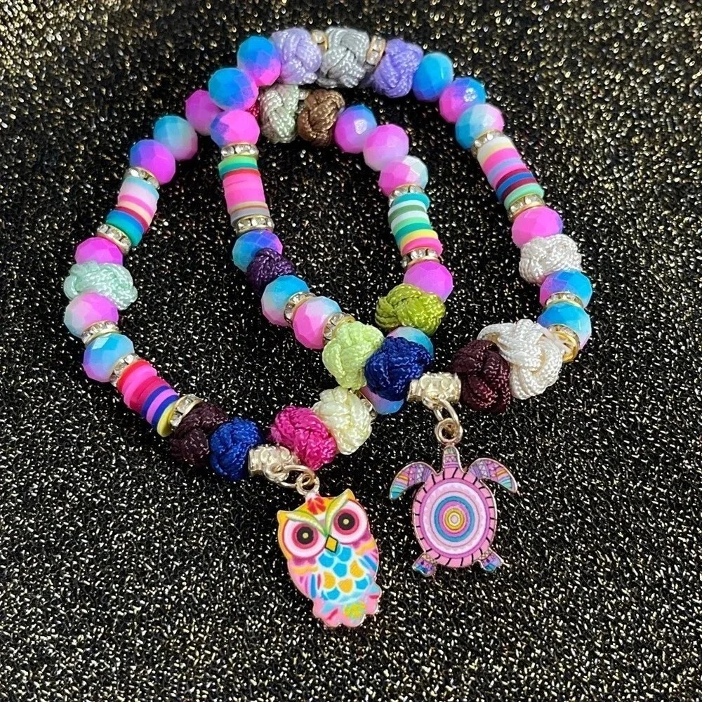Kids Handcrafted Beaded & Braided Stretch Bracelet (2 piece set)